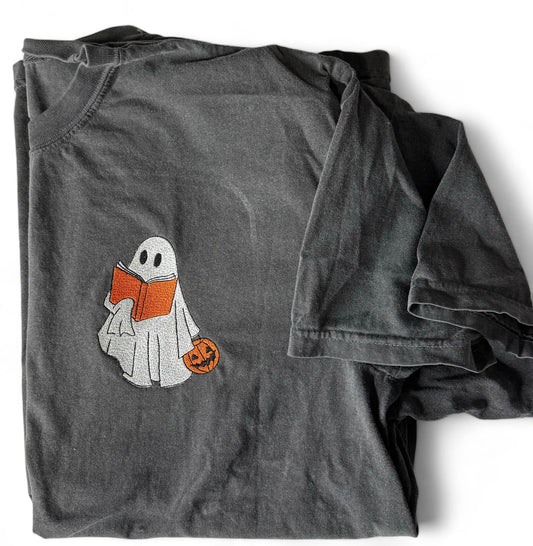 Embroidered reading ghost tee